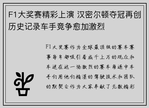 F1大奖赛精彩上演 汉密尔顿夺冠再创历史记录车手竞争愈加激烈