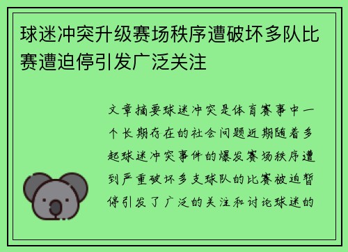 球迷冲突升级赛场秩序遭破坏多队比赛遭迫停引发广泛关注
