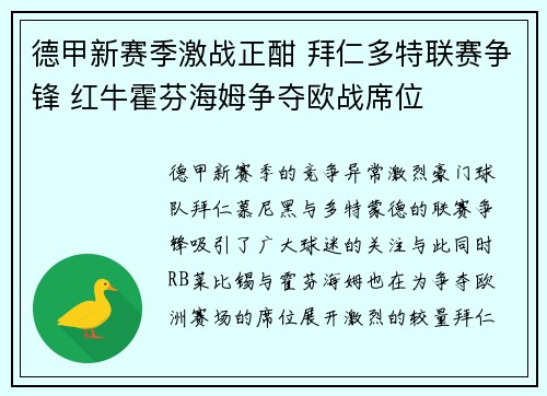 德甲新赛季激战正酣 拜仁多特联赛争锋 红牛霍芬海姆争夺欧战席位